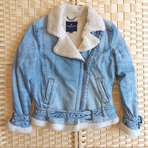 American Eagle Outfitters Blue Jean Jacket with Faux Sherpa Lining Buckles